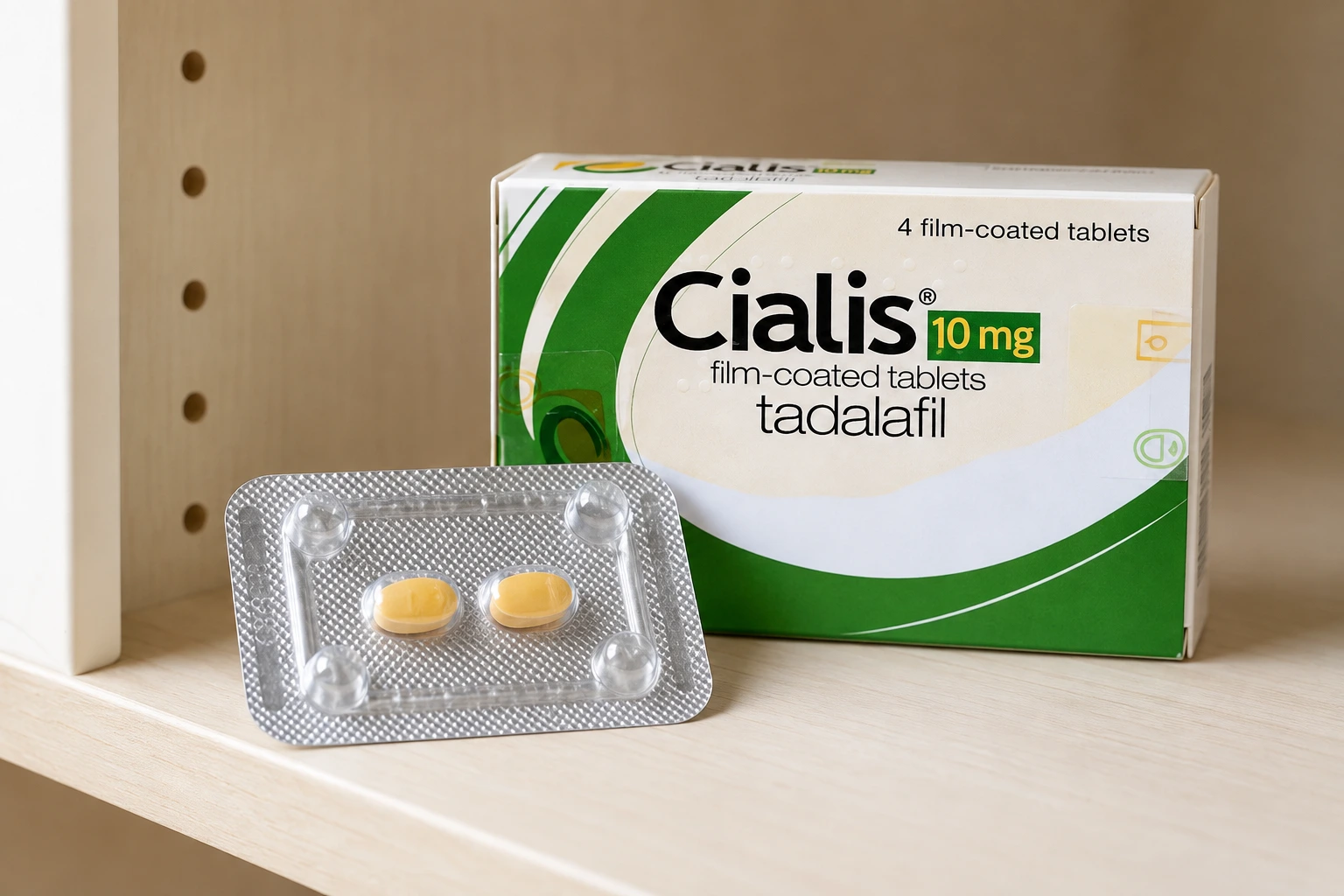 Cialis 10 mg tadalafil carton and two-tablet blister on a shelf