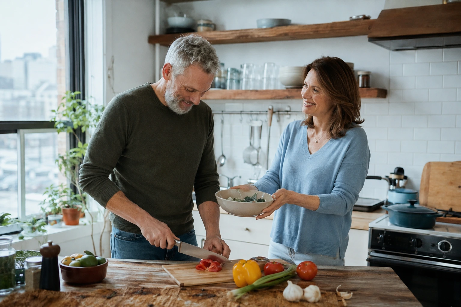 Mature couple preparing dinner together at home