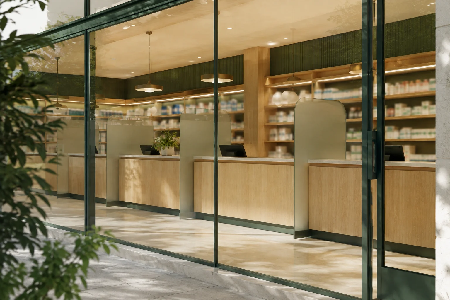 Quiet pharmacy counter seen through a glass storefront with pale oak and green architectural details