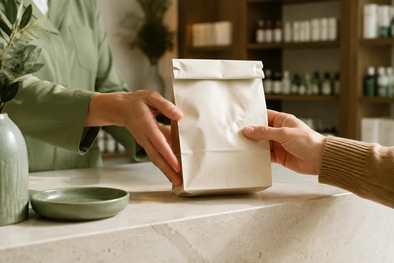 Hands passing a closed paper pharmacy bag across a counter
