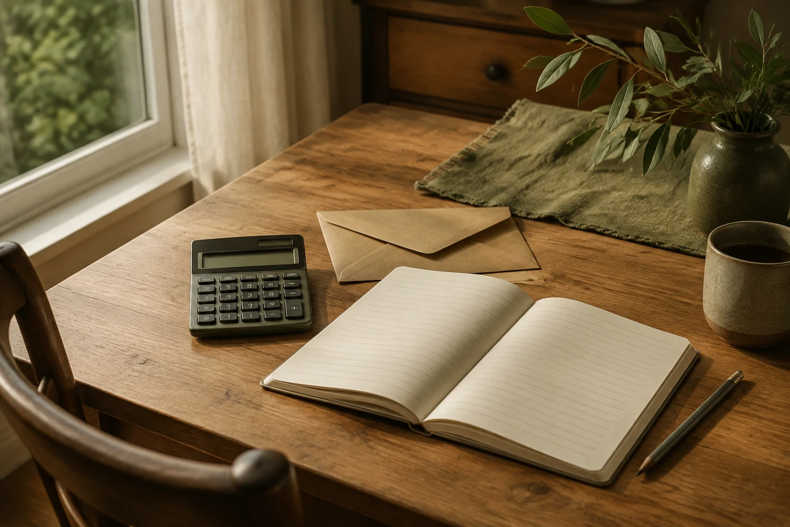 Notebook, calculator and envelopes on a sunlit home table for planning expenses