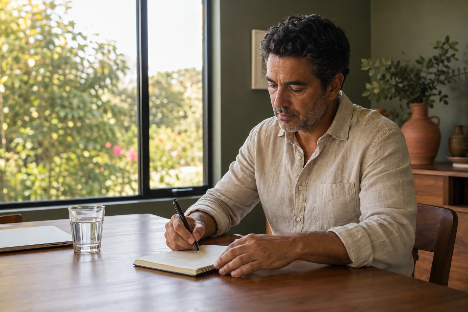 A man writing a short note at a wooden table beside a bright window