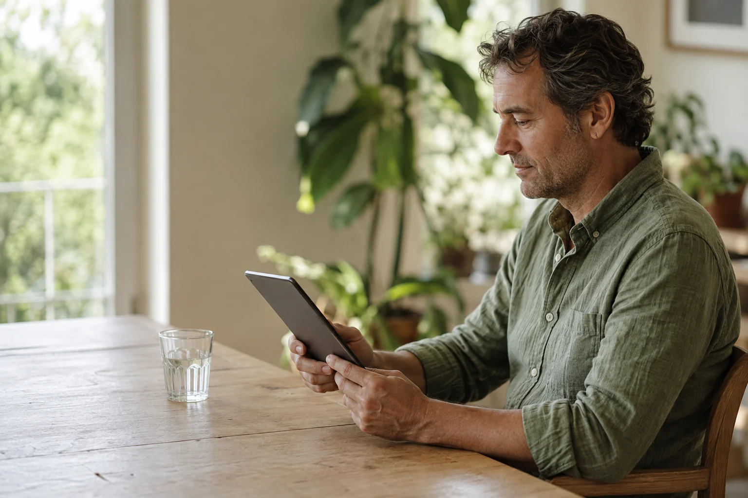 Man considering information on a tablet in a sunlit room