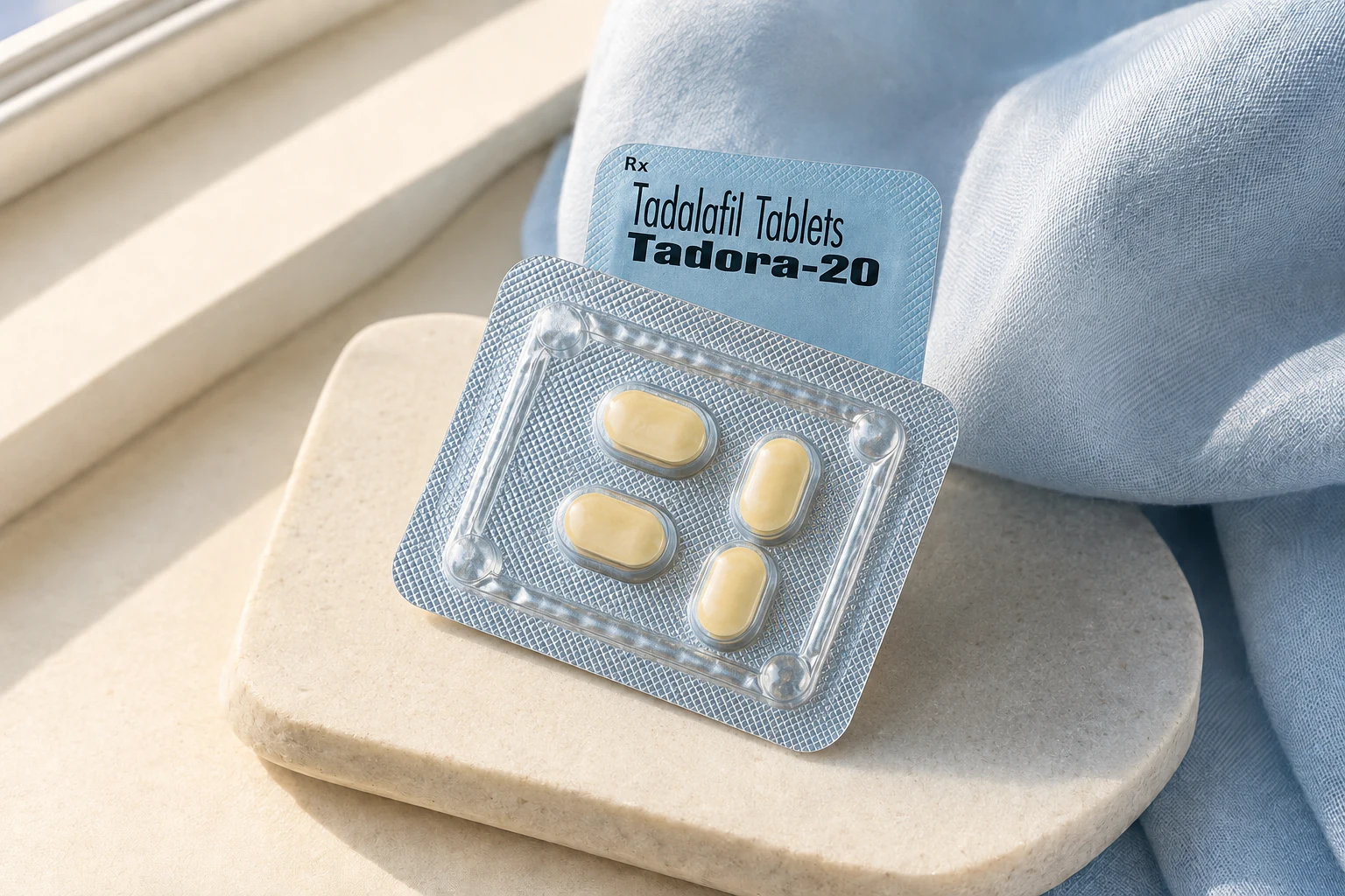 Tadora-20 blister strips with four yellow tablets on a tray beside pale blue fabric