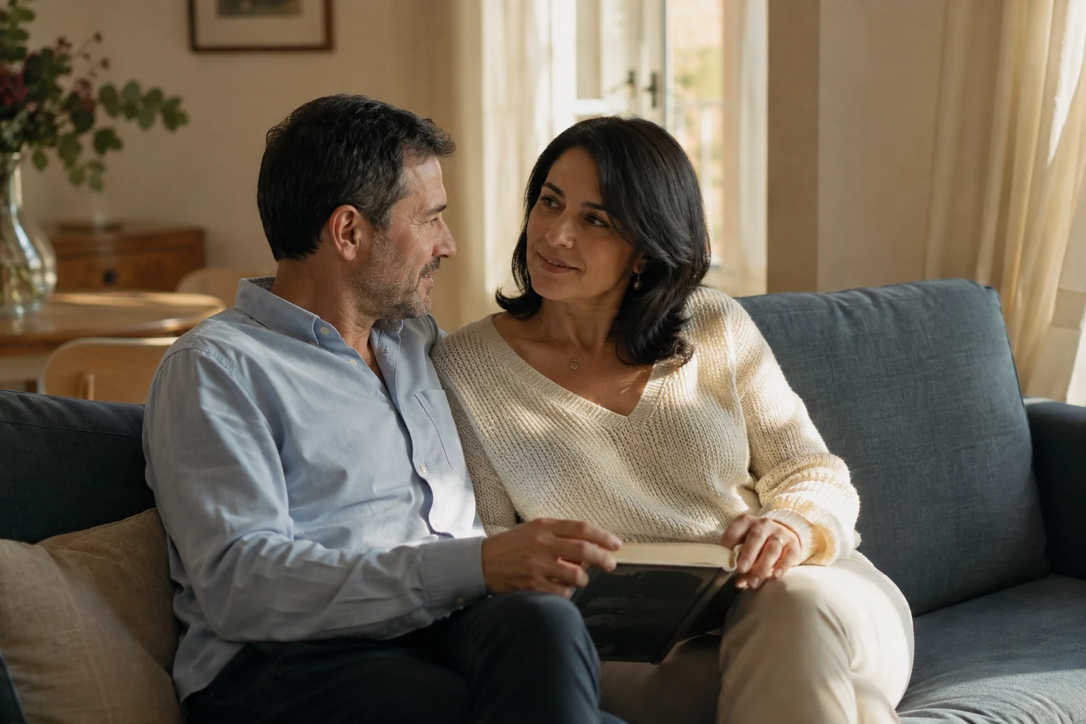 Couple sitting close together on a blue-gray sofa with a closed book