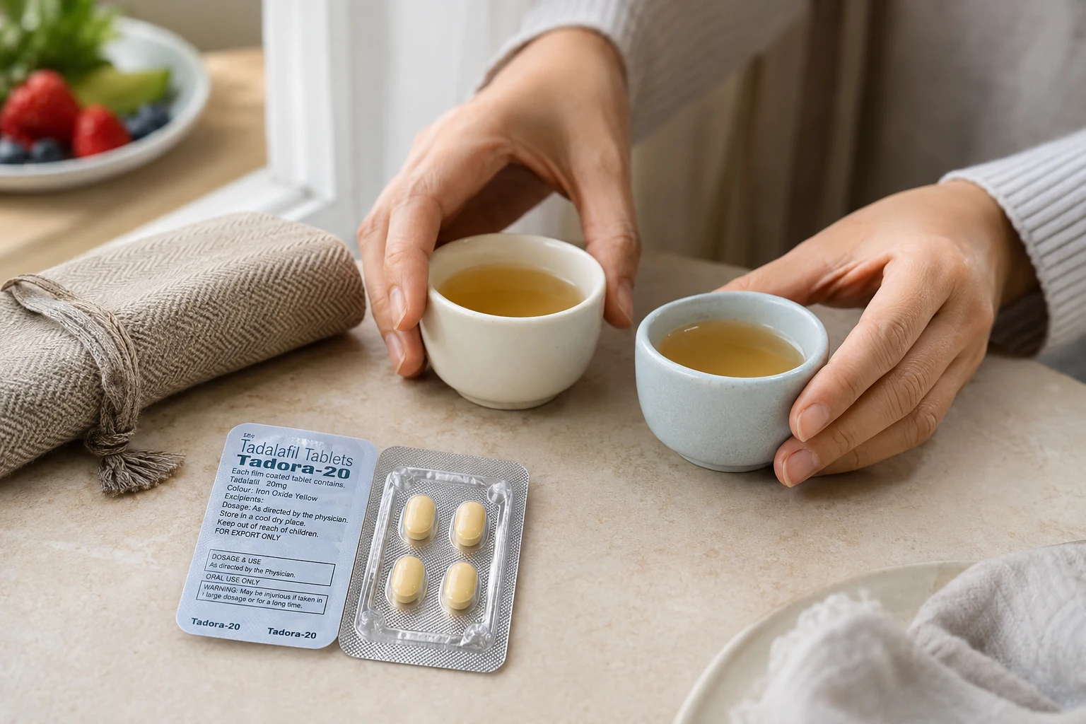 Hands setting two cups of tea beside Tadora-20 blister strips at a breakfast table