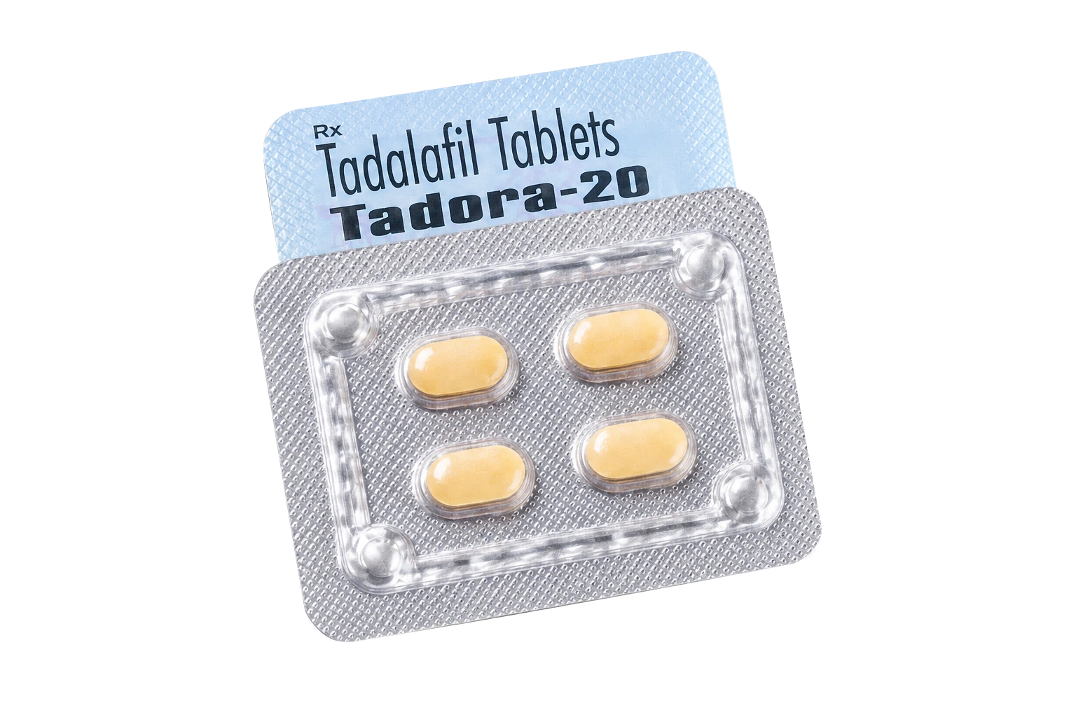 Illustration of Tadora-20 tadalafil packaging and yellow tablets