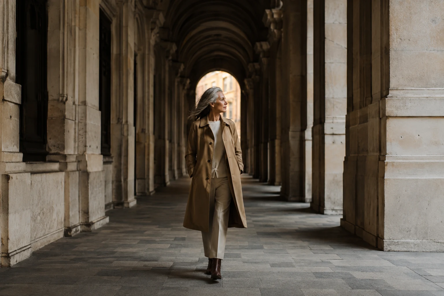 Woman in a camel coat walking through a monumental stone arcade