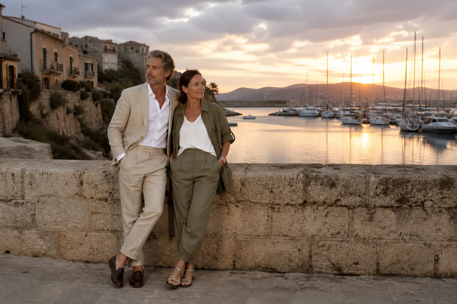Mature couple overlooking a Mediterranean harbour at sunset