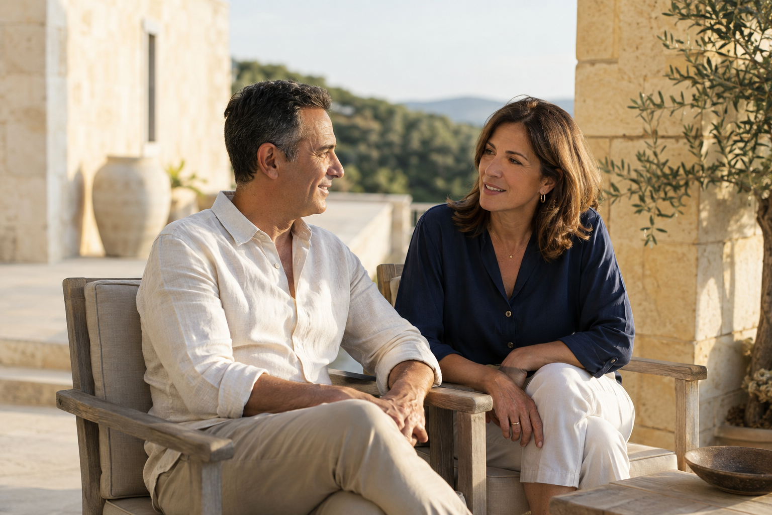 Mature couple talking together on a sunlit Mediterranean terrace