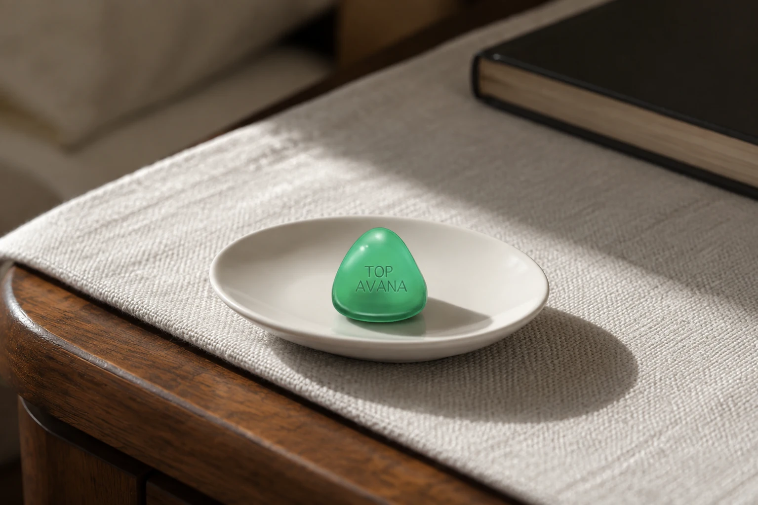 Green triangular Top Avana tablet with its name visible on a white dish