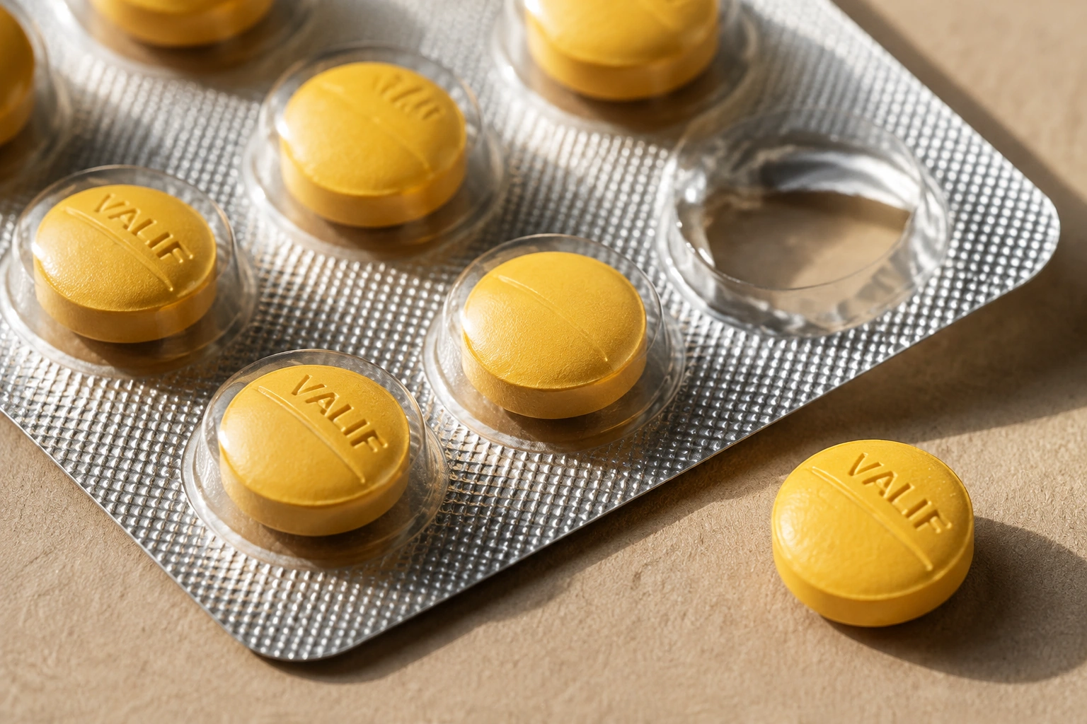 Close detail of yellow scored Valif tablets beside a silver blister strip.