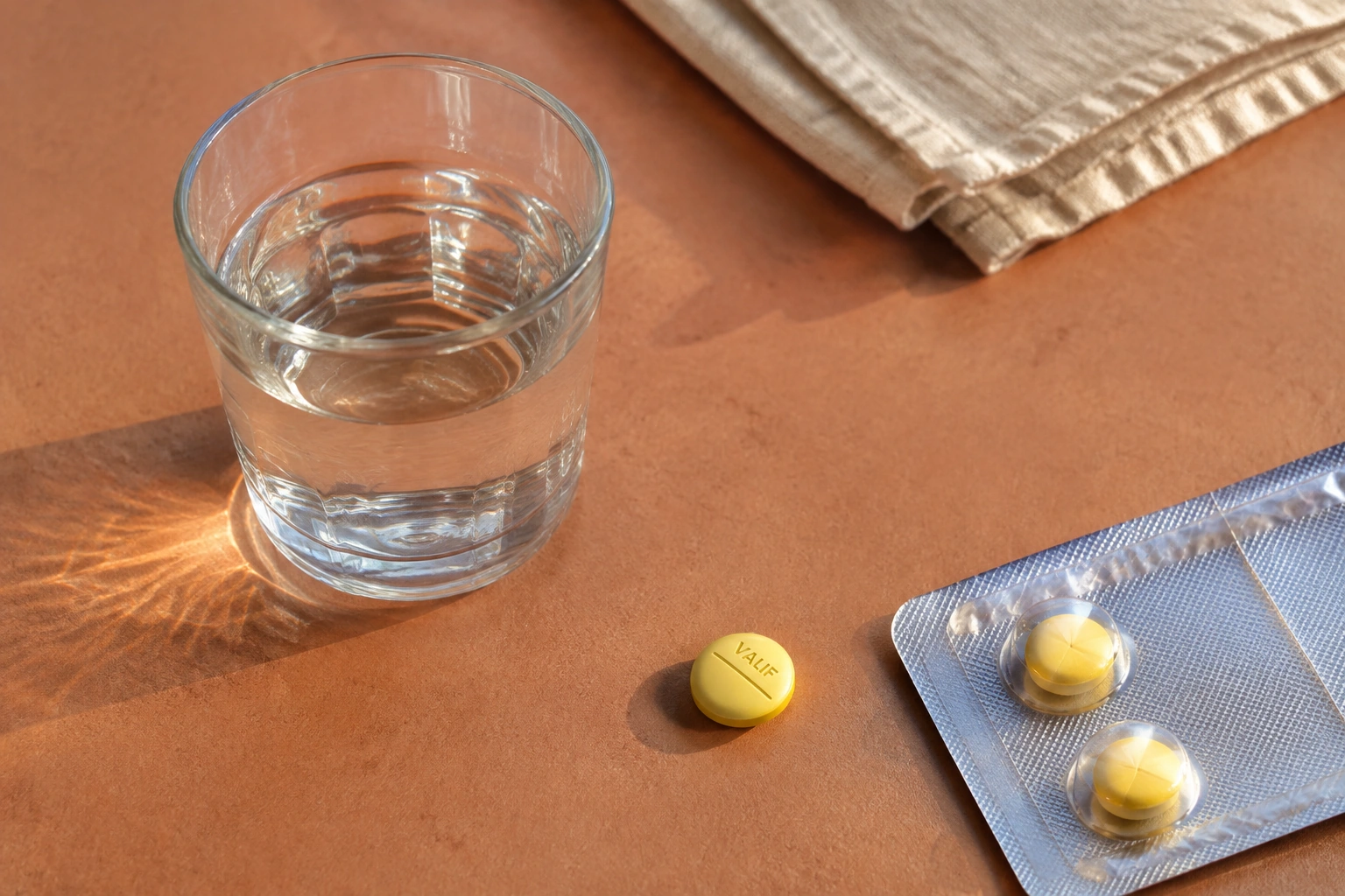 A glass of water, a yellow Valif tablet and a silver blister on a terracotta table.