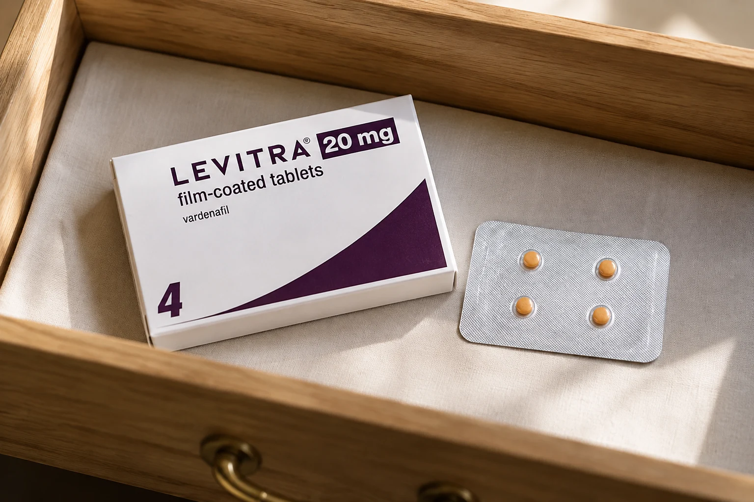 A Levitra carton labelled vardenafil beside an intact four-tablet blister in a cotton-lined wooden drawer