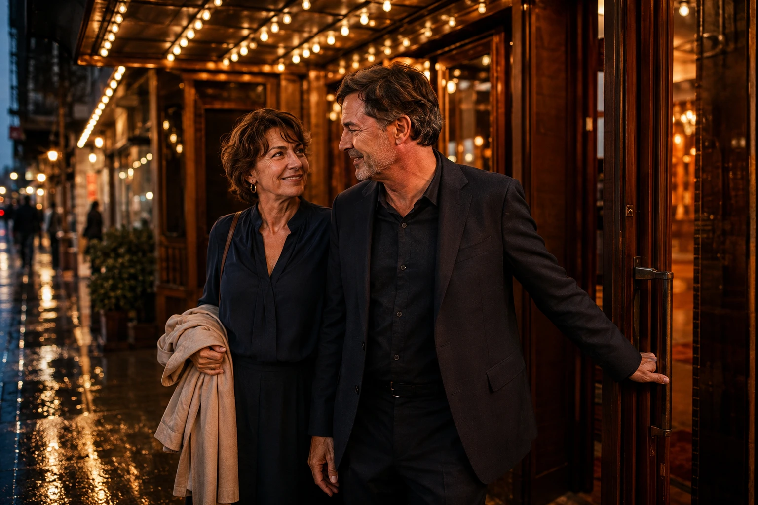 Mature couple arriving together at a theater entrance in the evening