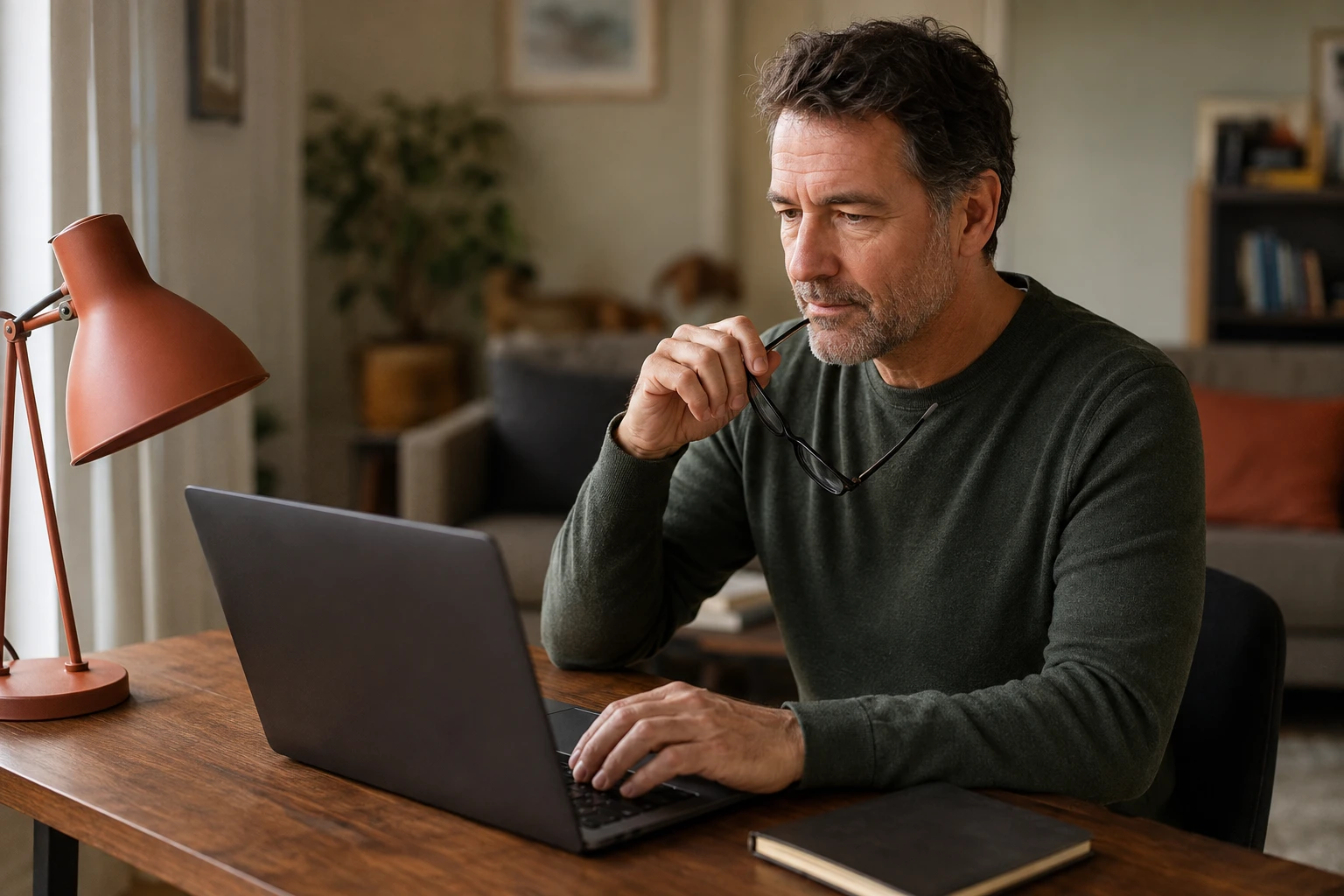 Man comparing an online order on his laptop at a home desk