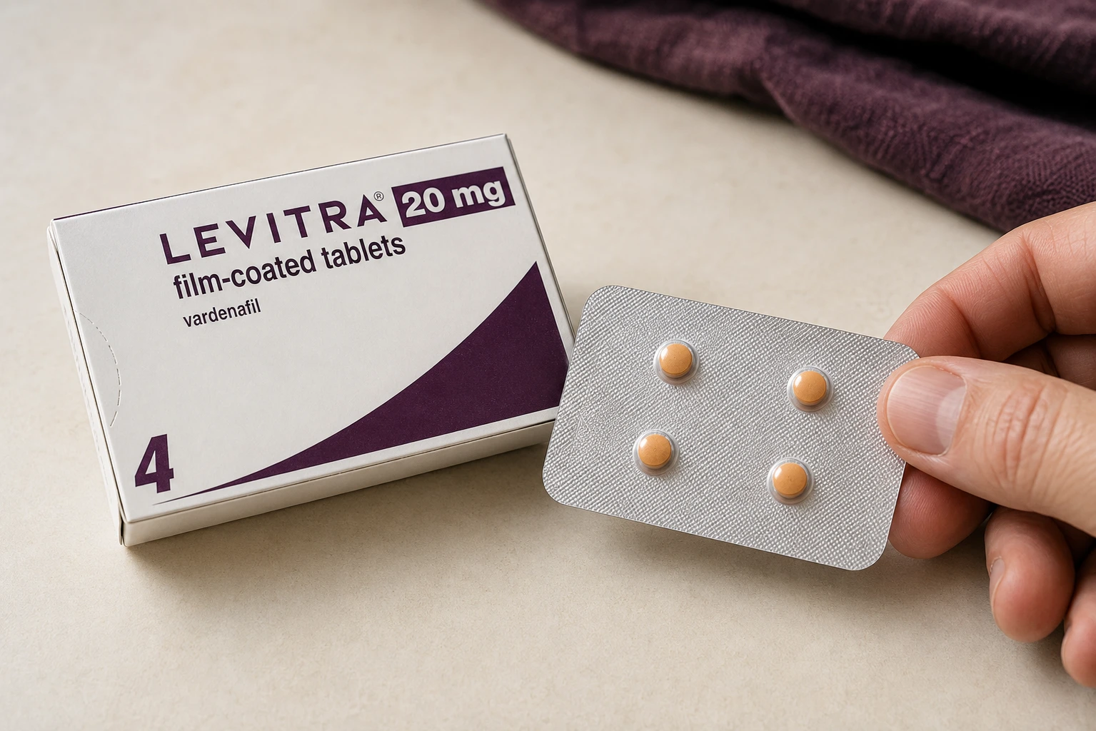Hand holding a four-tablet blister beside a Levitra 20 mg carton