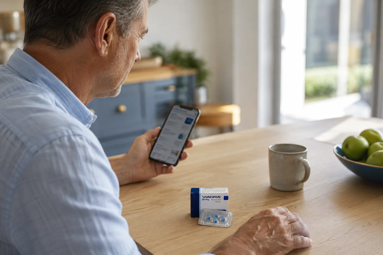 Man comparing a medicine offer on his phone beside a Viagra carton