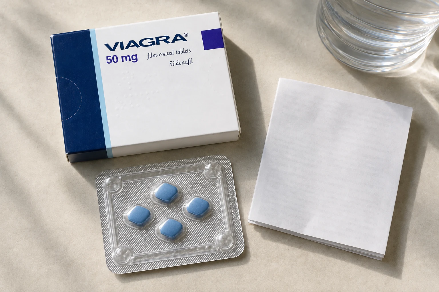 Viagra 50 mg carton and four-tablet blister beside a leaflet and water