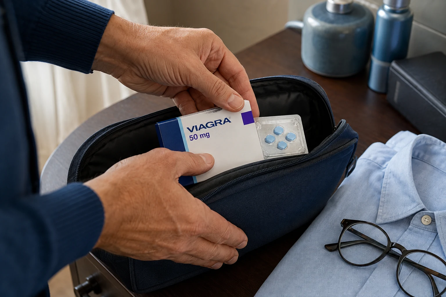 Adult hands placing a Viagra carton and blister in a personal medicine pouch