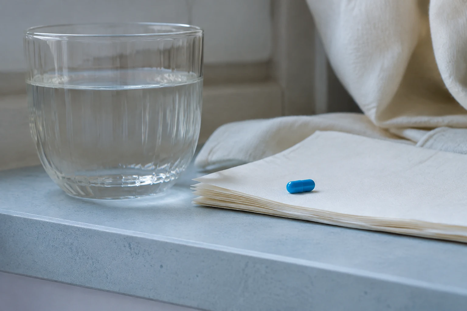 Blue capsule beside a glass of water on a pale stone shelf