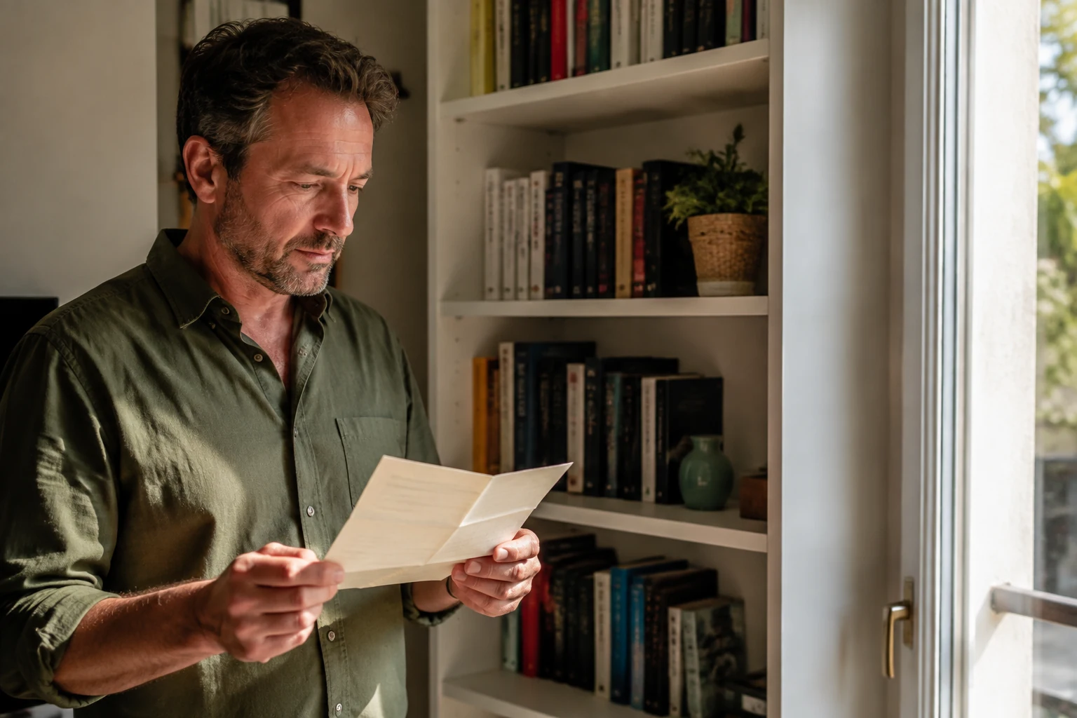 Adult man reading a folded information sheet at home