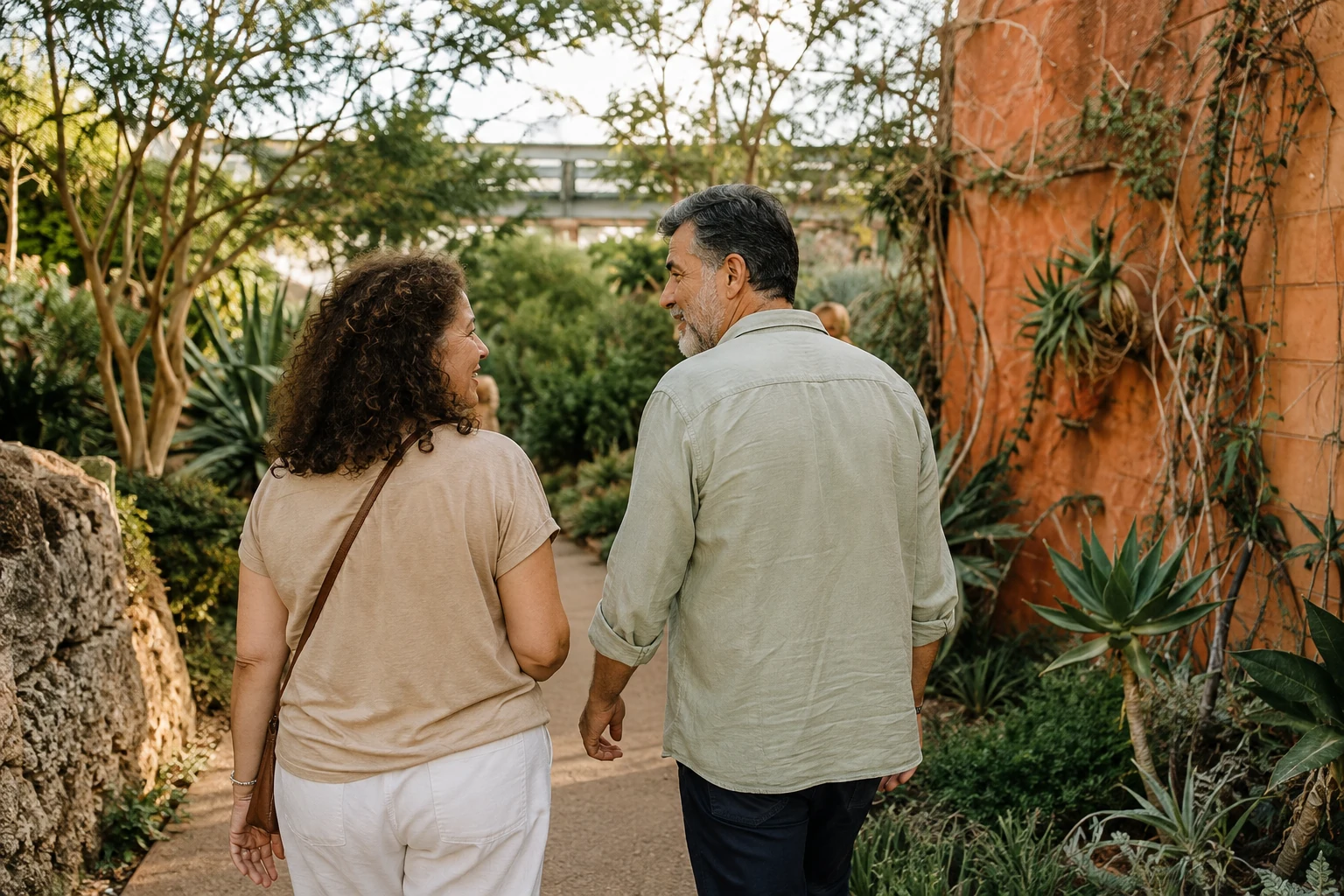 Adult couple talking during a walk through a garden