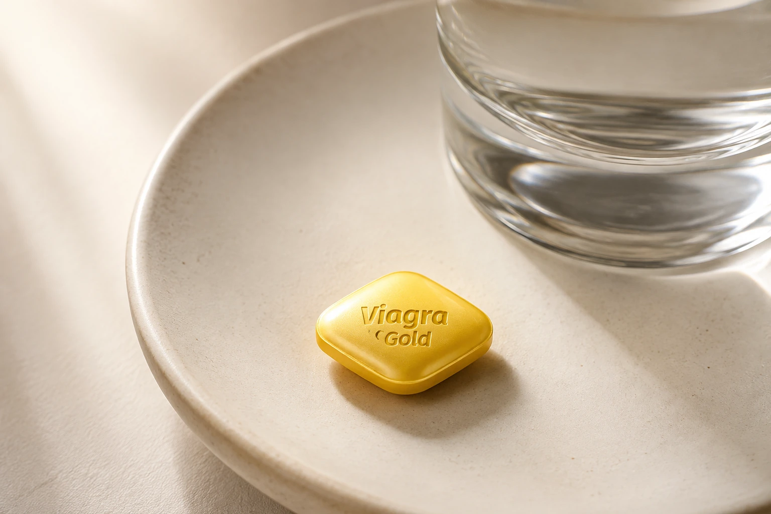 Golden Viagra Gold tablet on an ivory medicine dish beside water