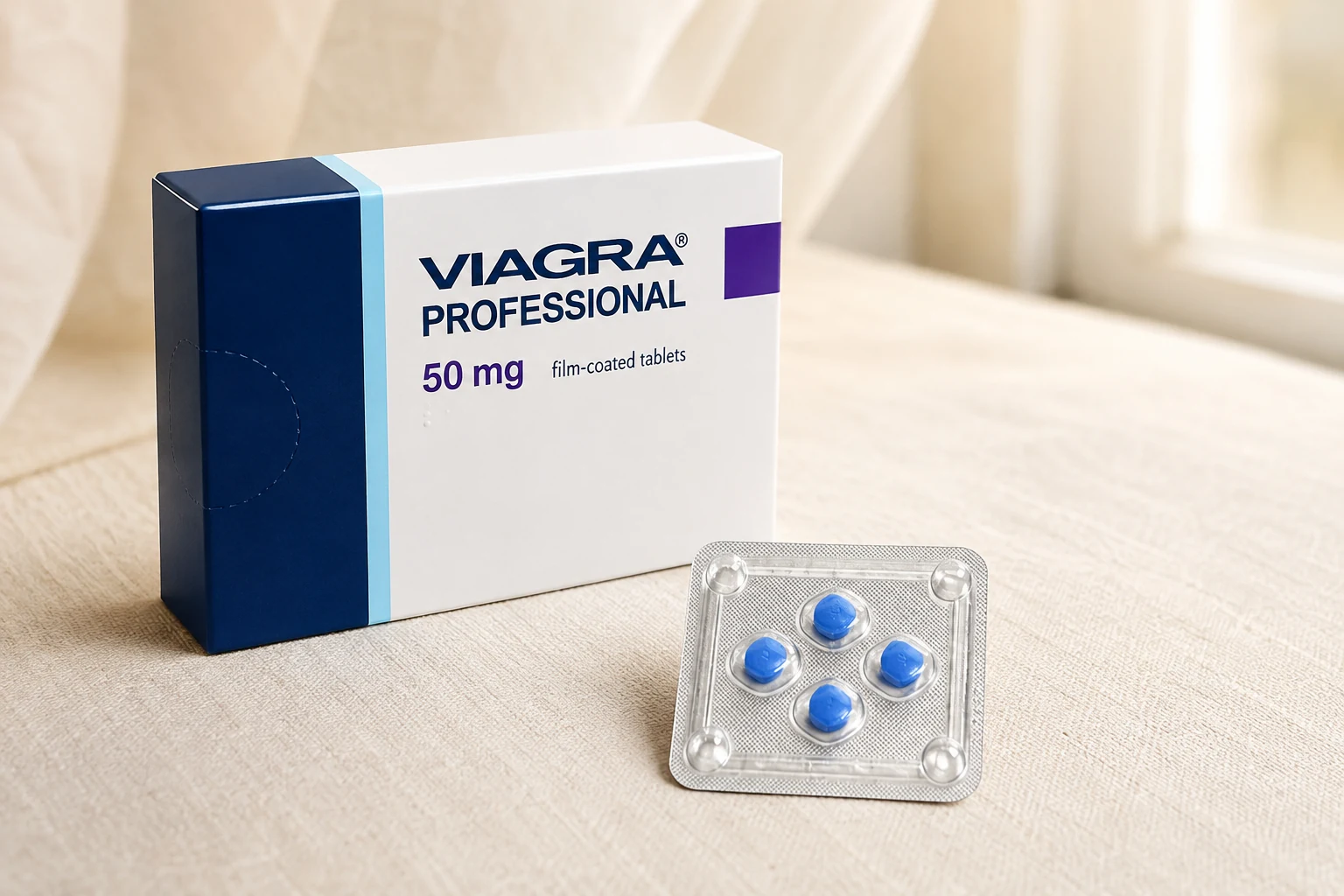 Viagra Professional 50 mg box and blue tablets in a silver blister