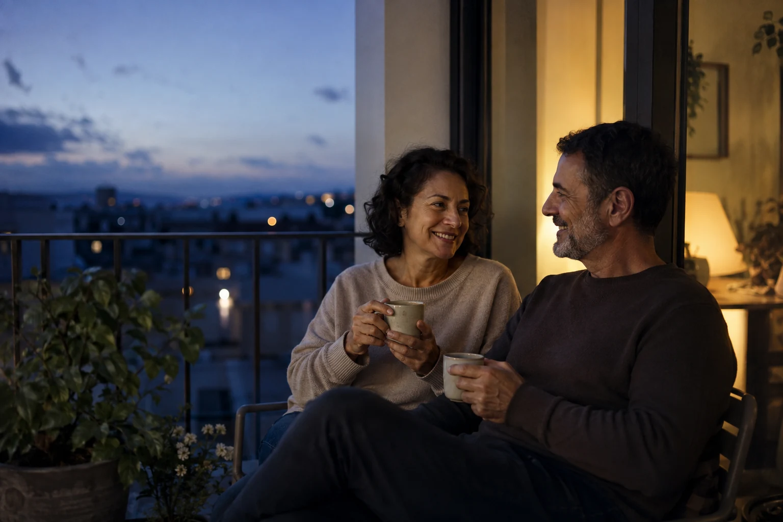 Couple sharing a quiet conversation on their balcony