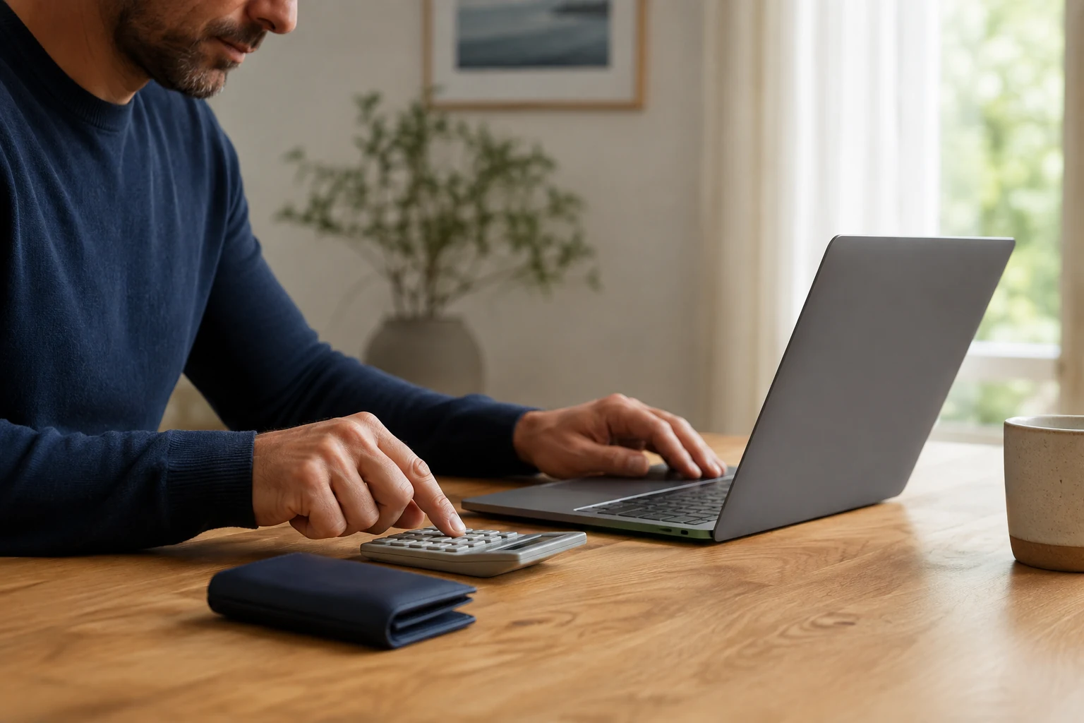 Man comparing an online purchase cost with a calculator