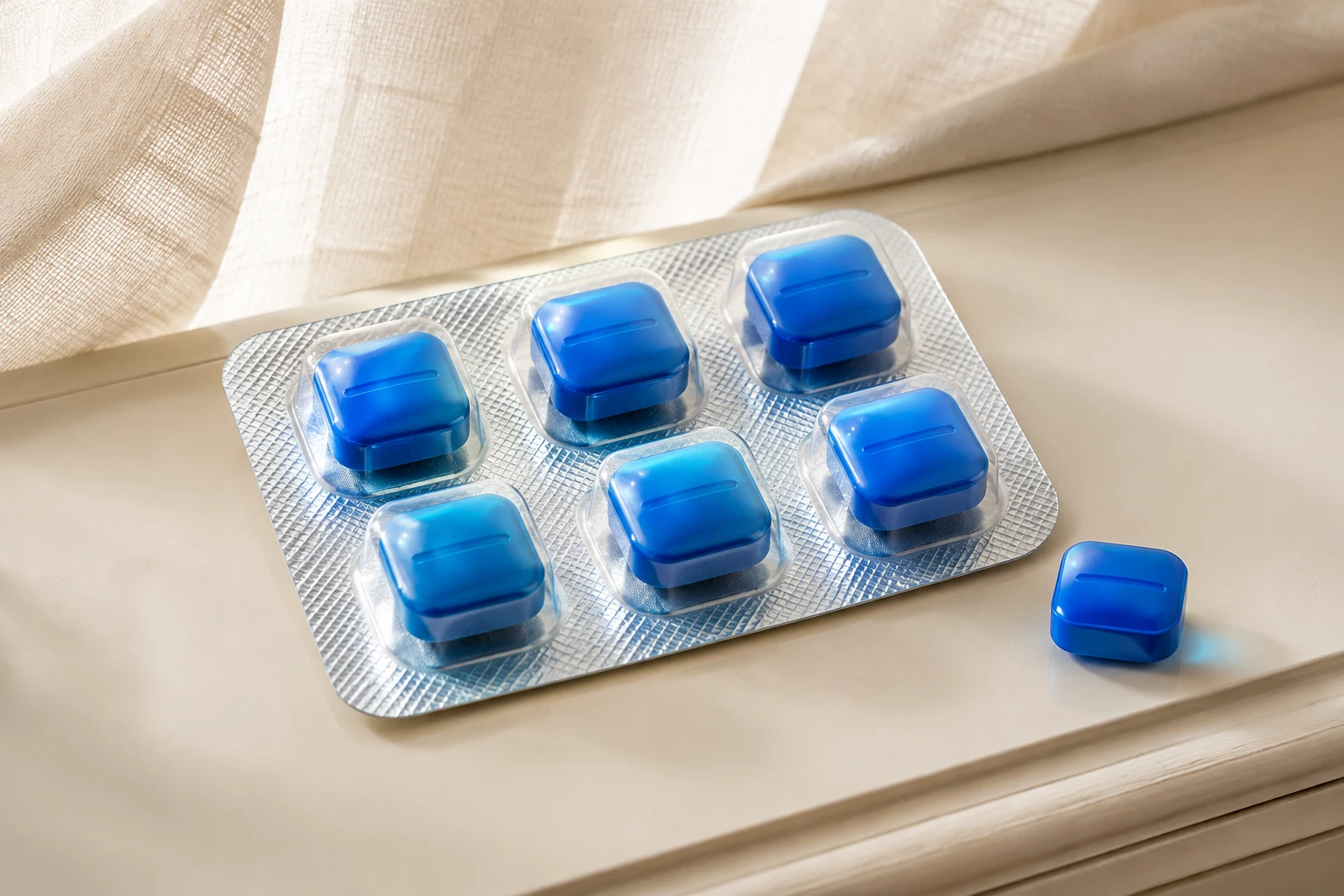Blue rounded-square Soft Tabs in a sealed blister on a pale dresser