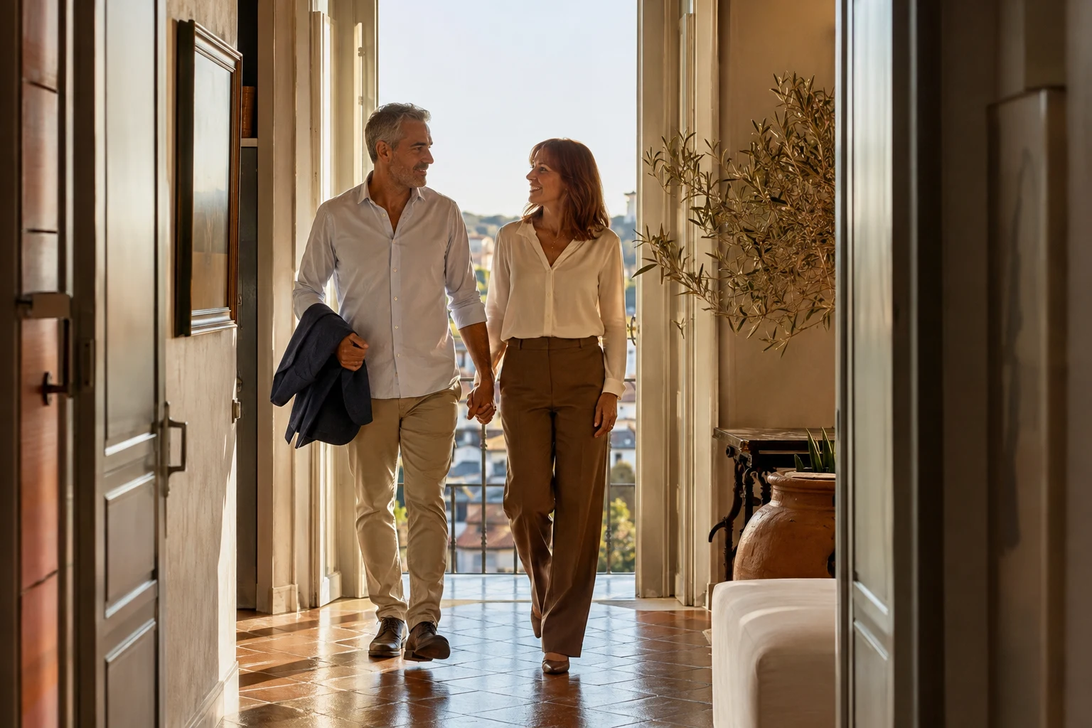 A mature couple walking hand in hand toward a sunlit balcony