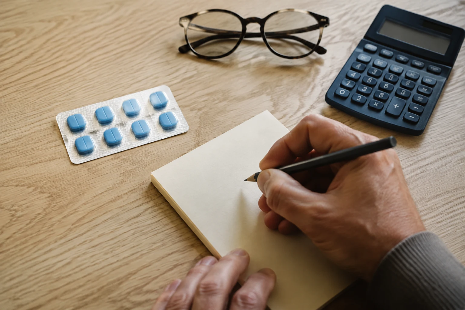 A man comparing a medication purchase with a notepad and calculator