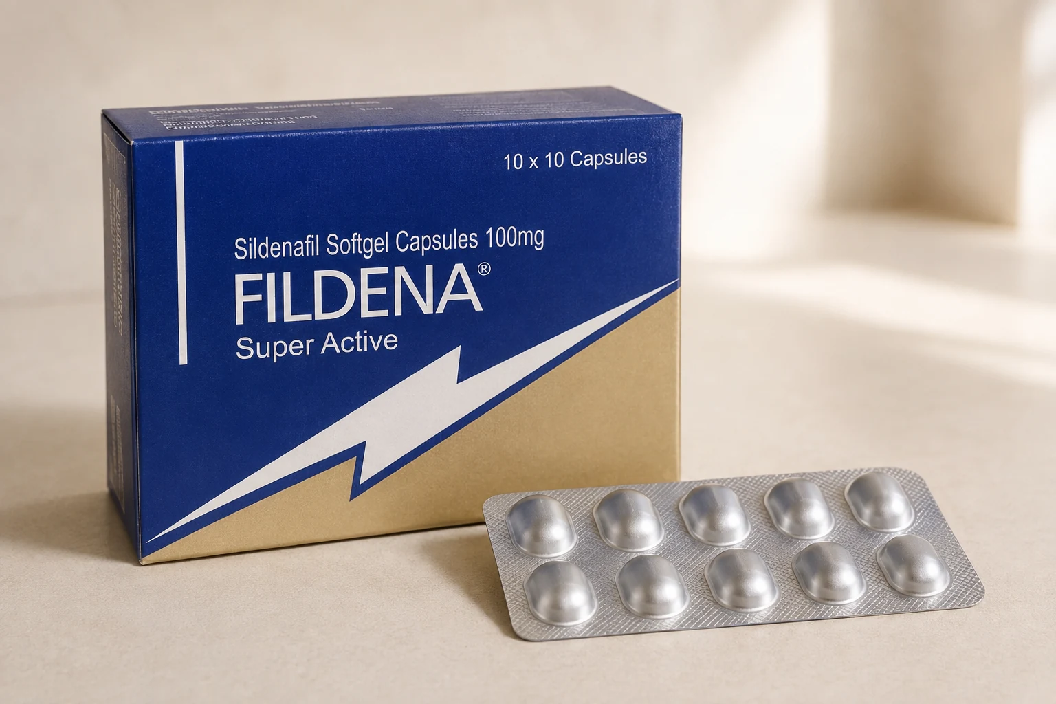 Fildena Super Active 100 mg softgel carton and sealed blister