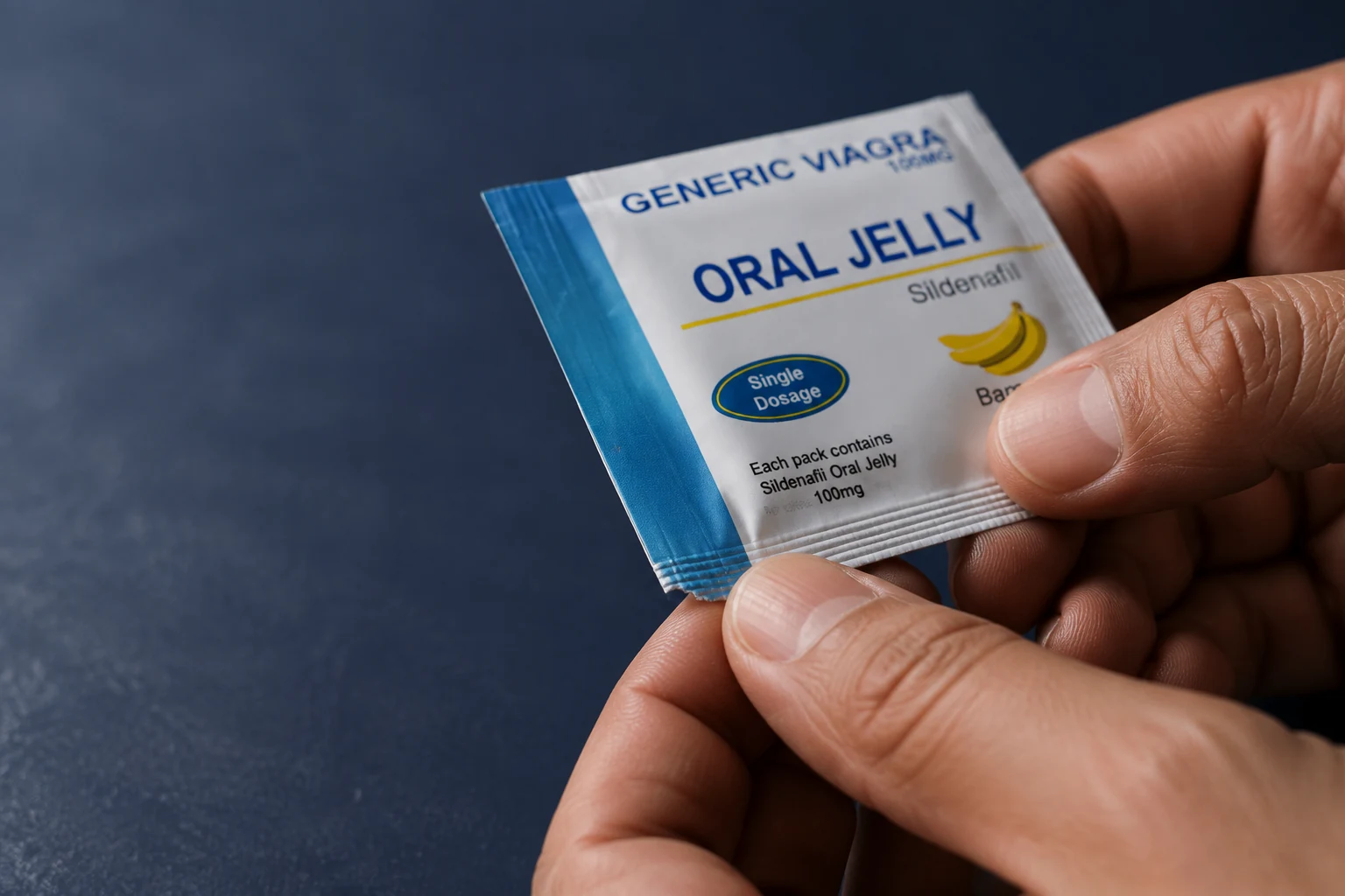 Adult hands examining the sealed edge of an oral jelly sachet