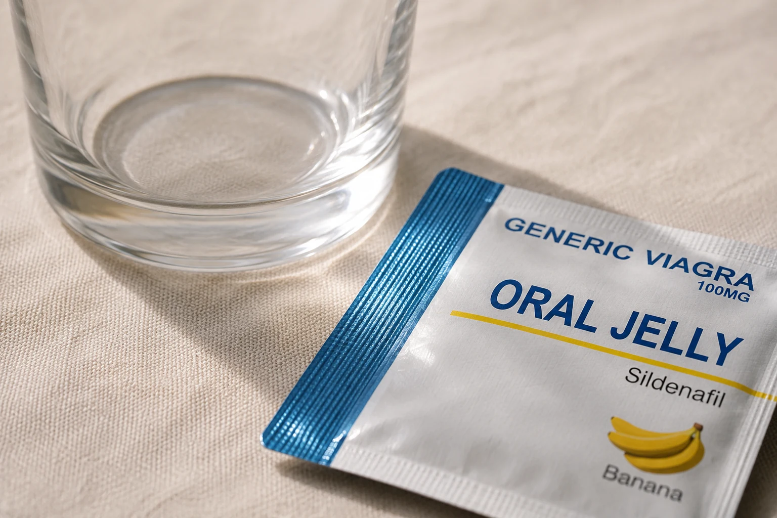 Blue and white oral jelly sachet on linen beside a clear tumbler
