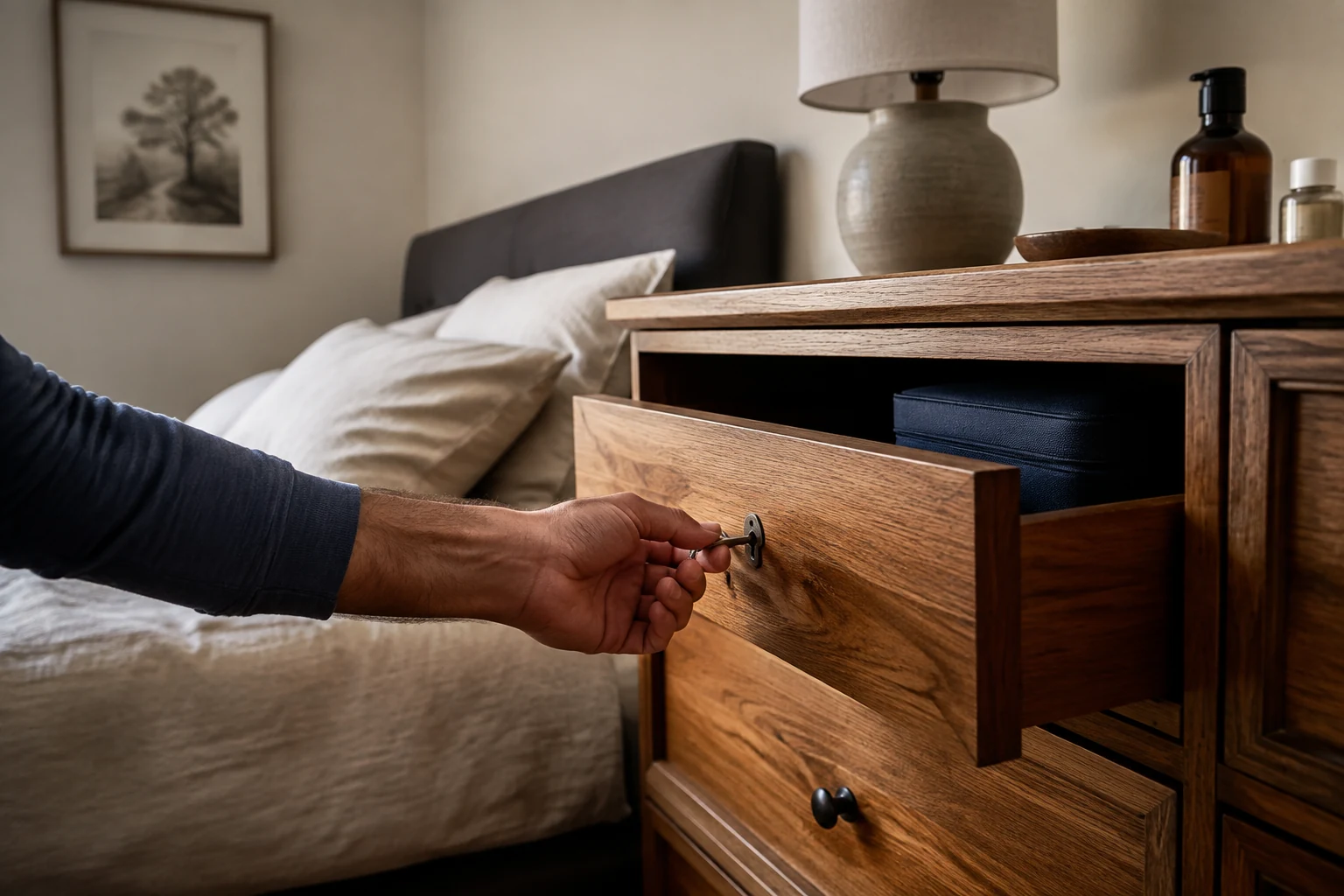 An adult opening a lockable wooden drawer containing a closed medicine organizer