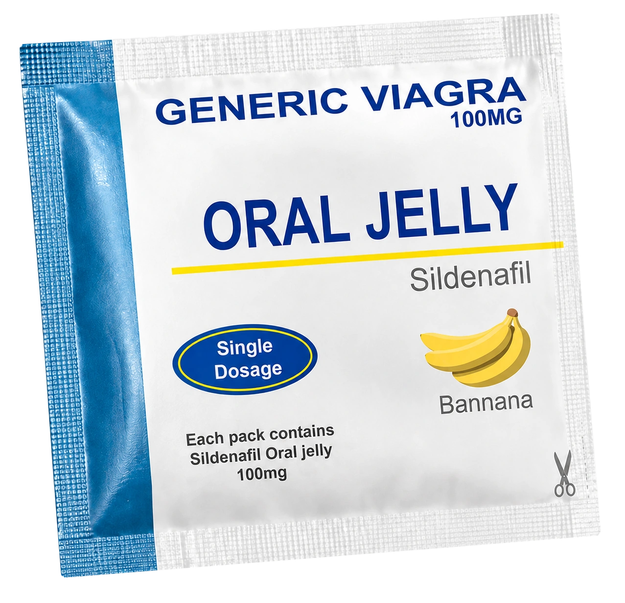 Blue and white sildenafil oral jelly sachet with banana artwork and 100 mg marking