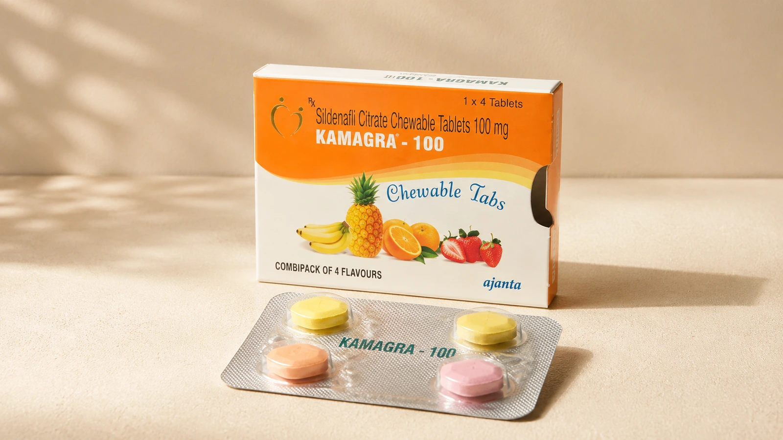 Kamagra 100 mg chewable tablets carton and blister