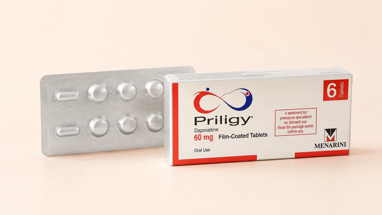Priligy 60 mg carton and blister on an ivory surface