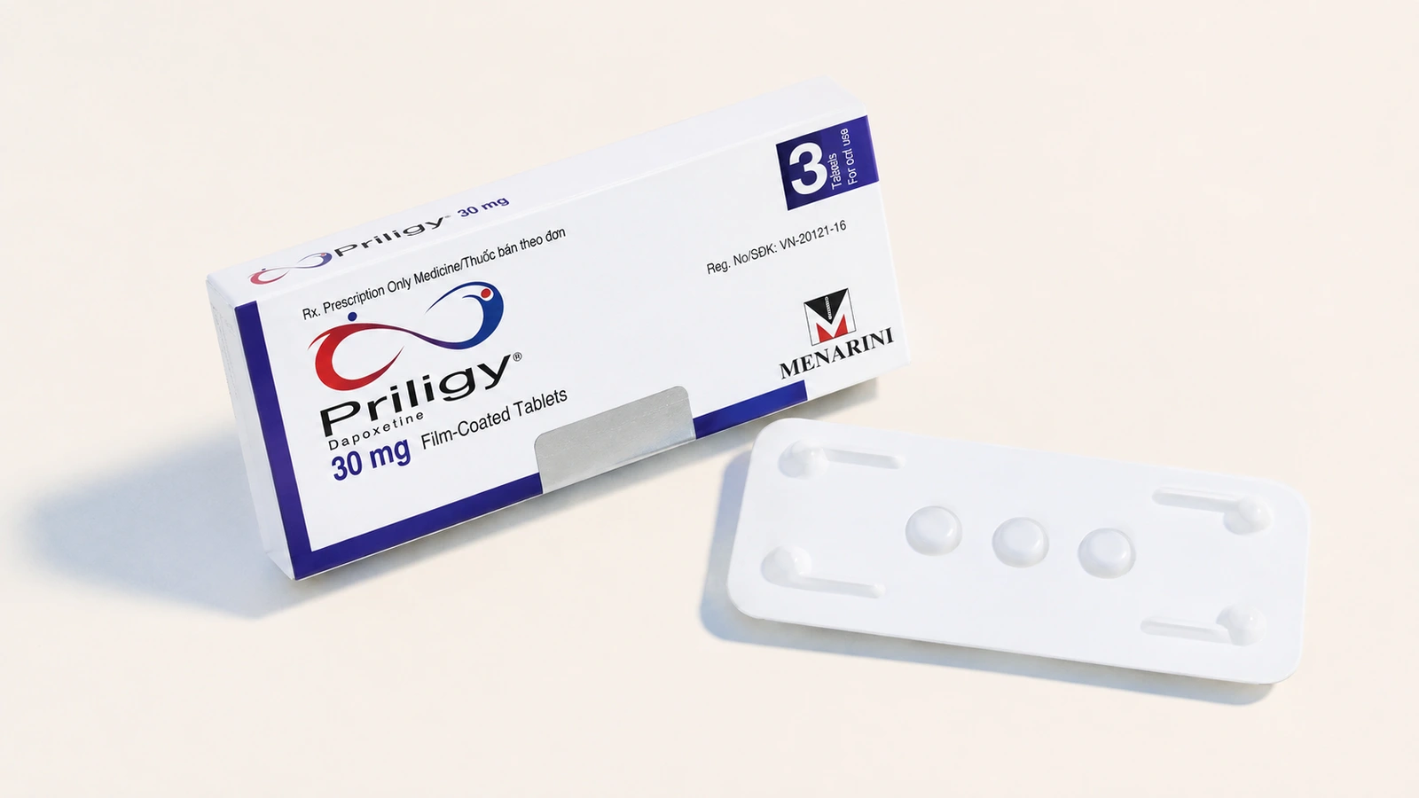 Priligy 30 mg carton and blister viewed from above