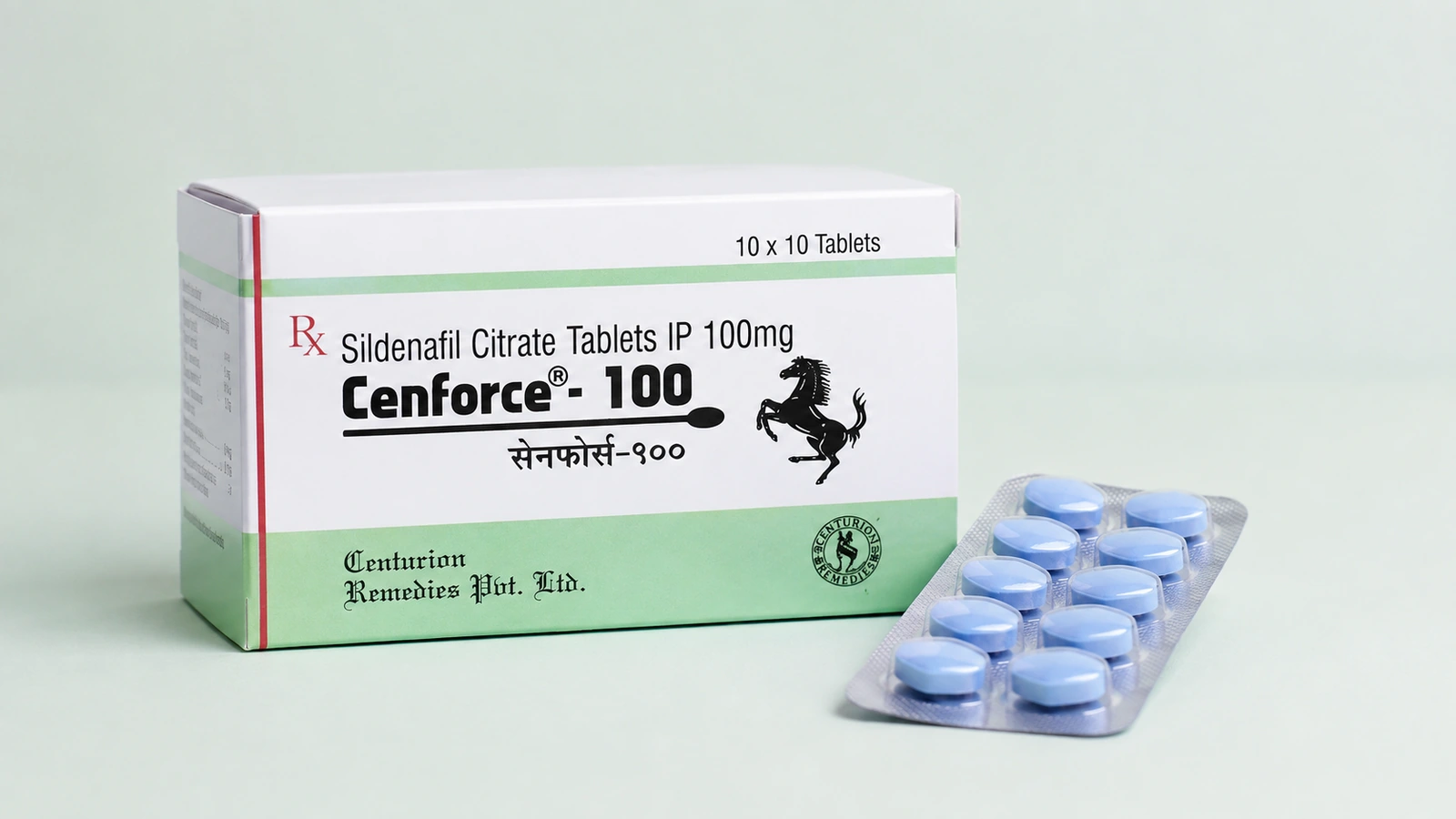 Cenforce 100 mg carton and blue tablets in a blister