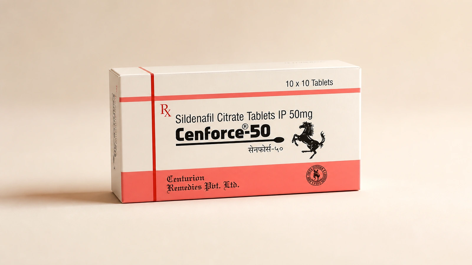 Cenforce 50 mg Centurion carton on an ivory surface