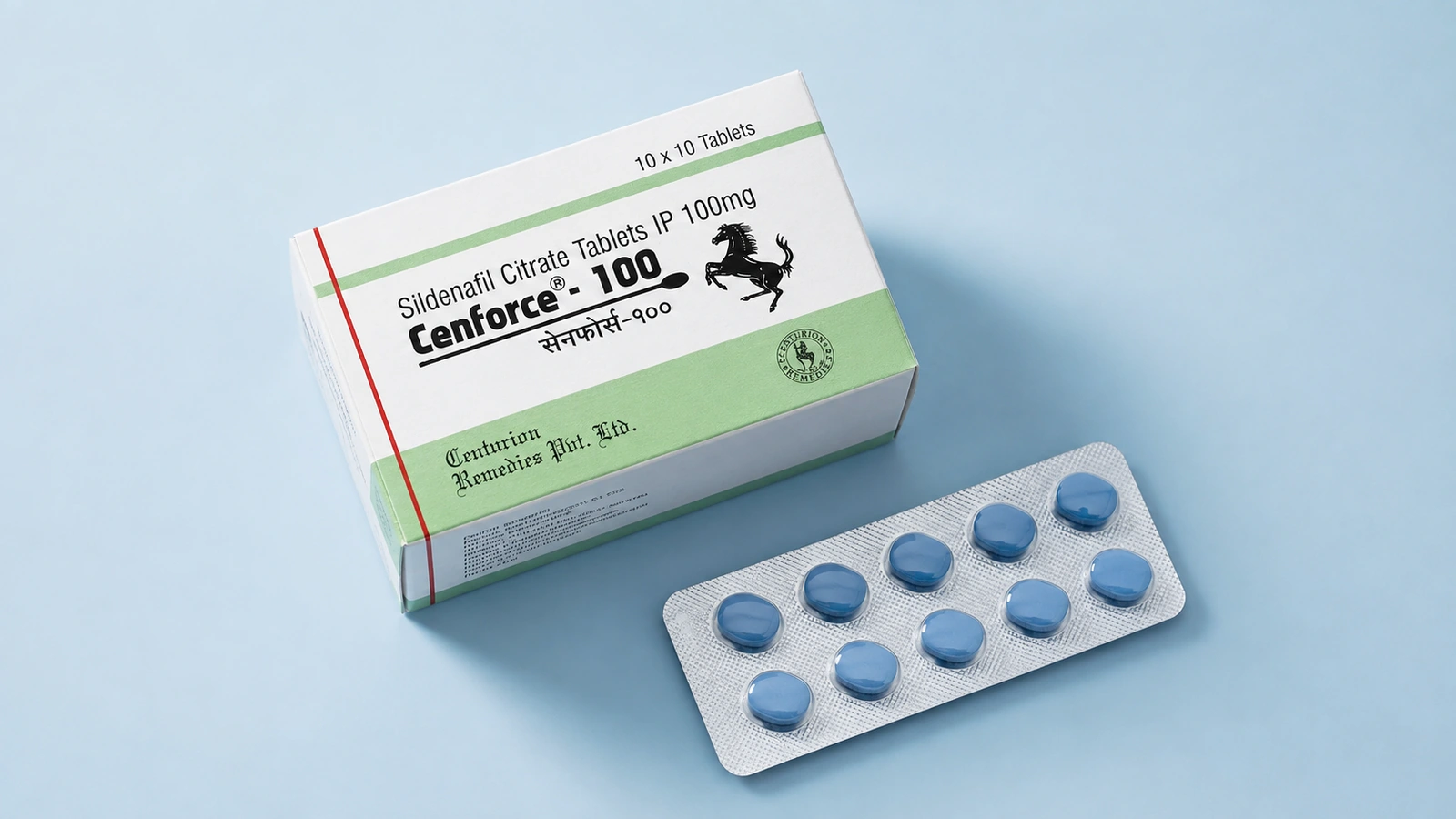 Cenforce 100 mg carton and blister viewed from above