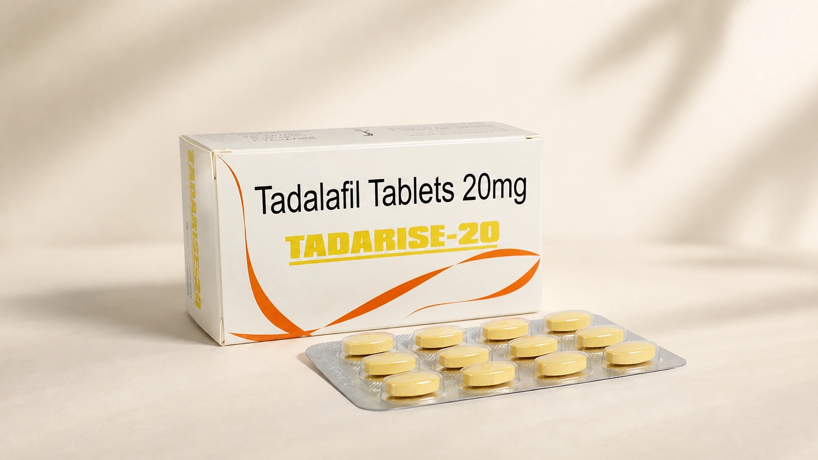 Tadarise 20 mg carton and yellow blister illustrated on cream
