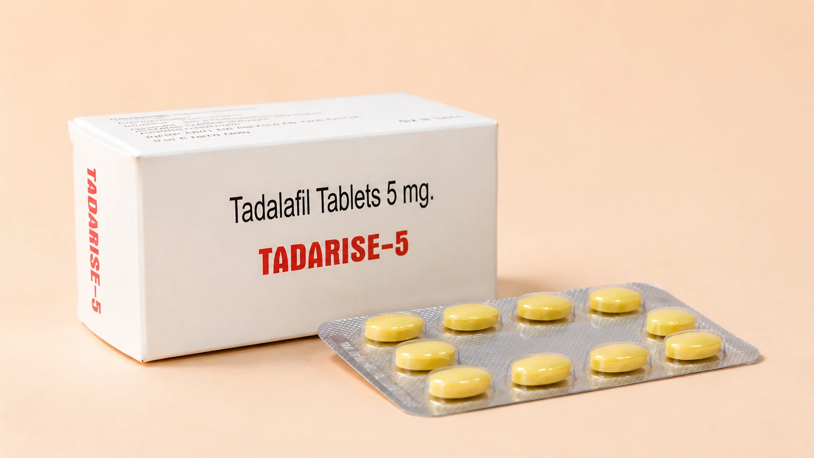 Tadarise 5 mg carton and blister illustration on peach