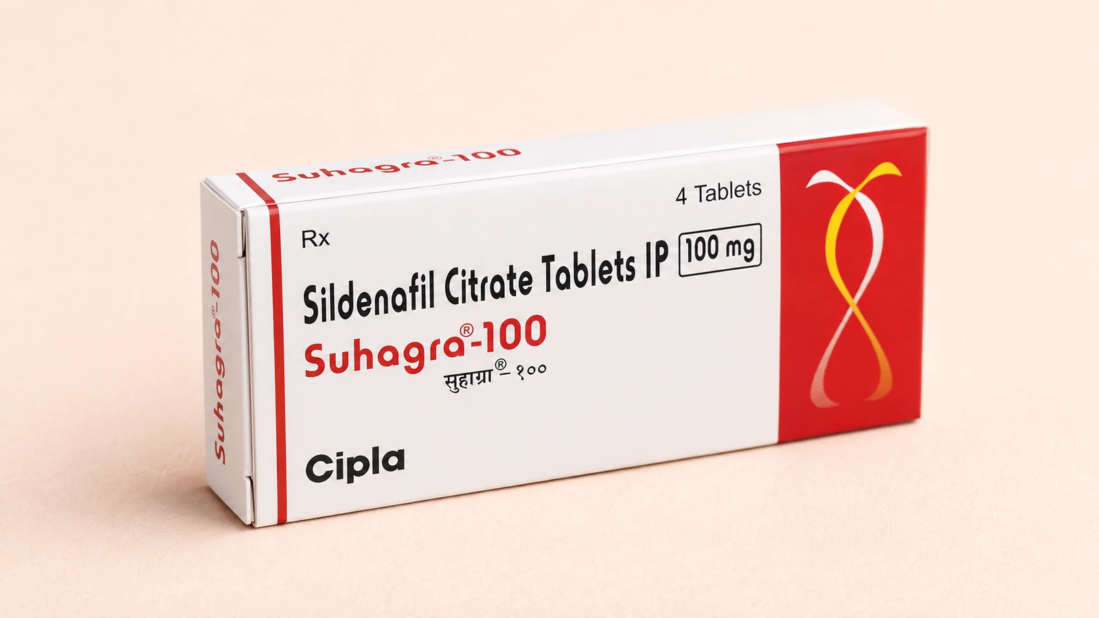 Suhagra 100 mg carton on a peach studio surface