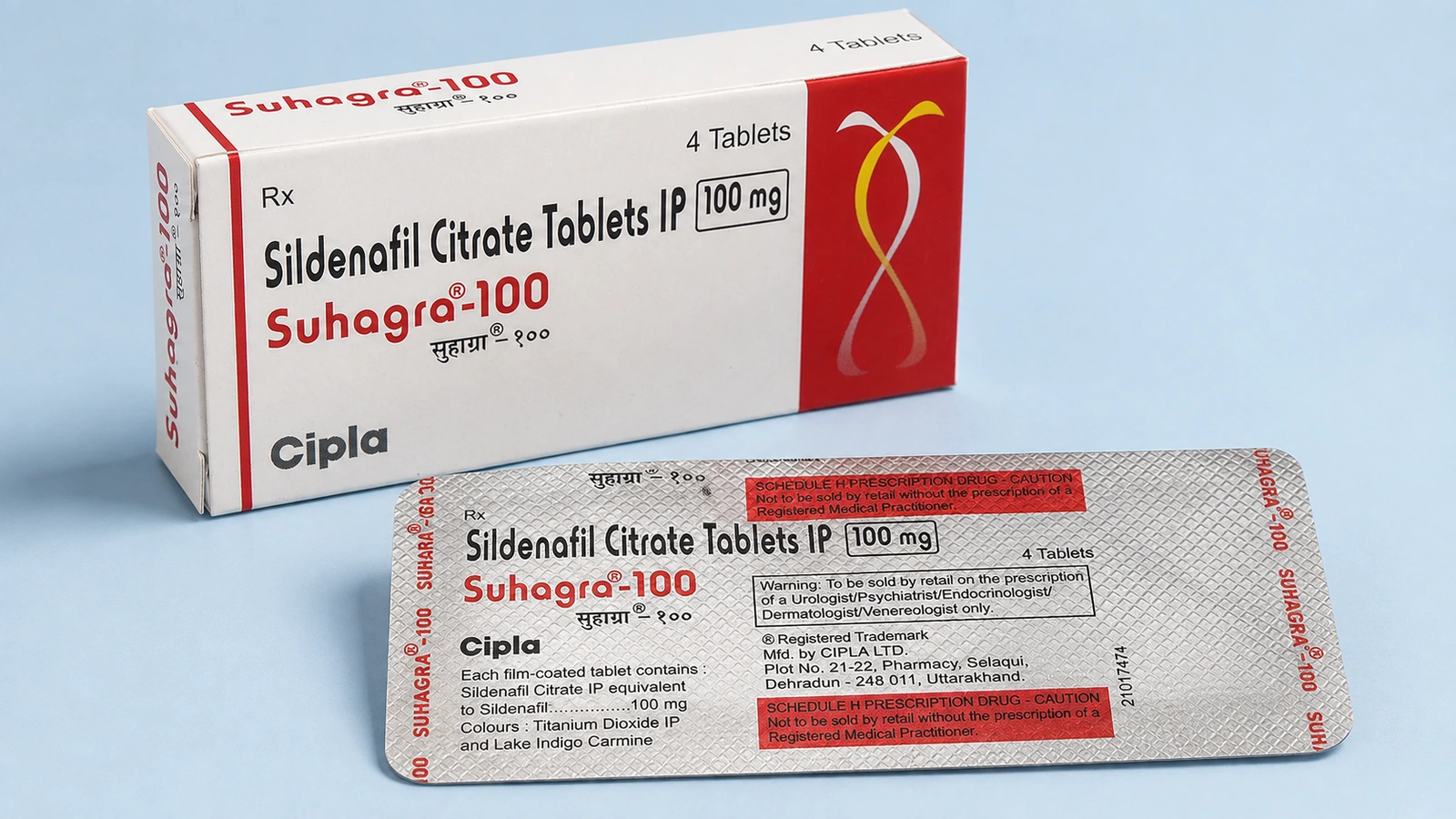 Suhagra 100 mg Cipla carton and printed blister