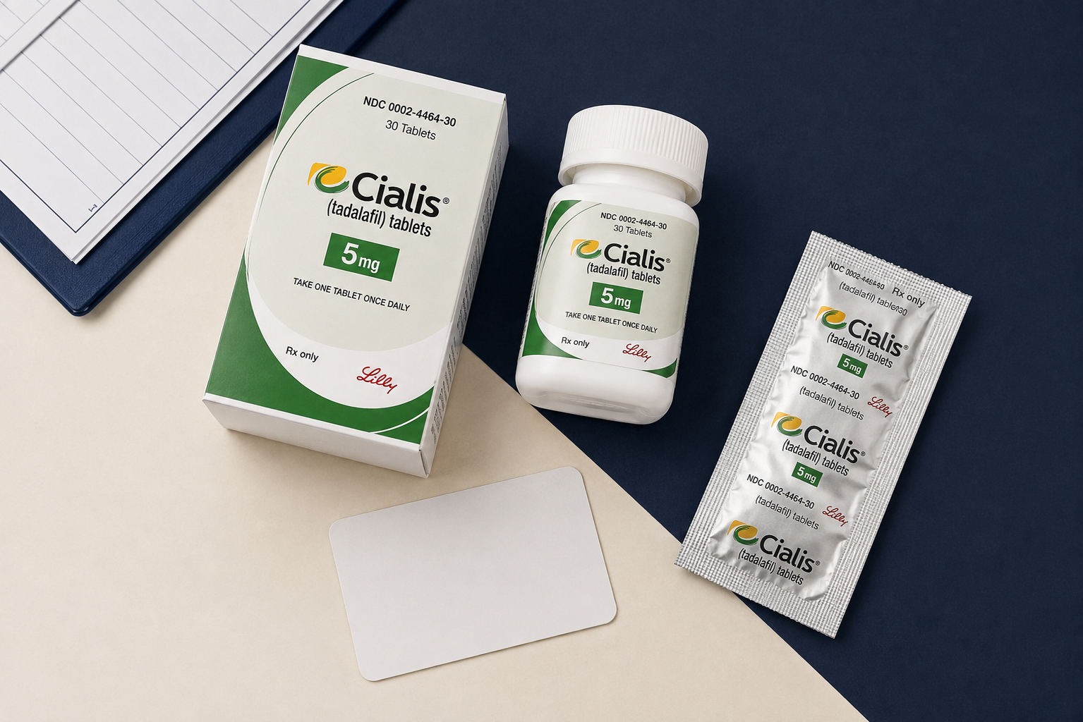 Cialis 5 mg carton, bottle and blister in a premium product setting